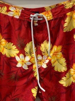 Mens, Swim Trunks, BANANA REPUBLIC, Red, Yellow, Dk Khaki Brn, White, Polyester, Floral, 38, F.F, Lace Tie With Velcro Front, Side And Back Pocket,