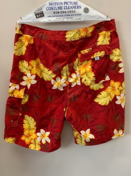 Mens, Swim Trunks, BANANA REPUBLIC, Red, Yellow, Dk Khaki Brn, White, Polyester, Floral, 38, F.F, Lace Tie With Velcro Front, Side And Back Pocket,