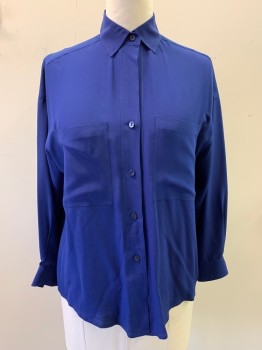 ELLEN TRACY, Dk Blue, Silk, Solid, Collar Attached, Button Front, Long Sleeves