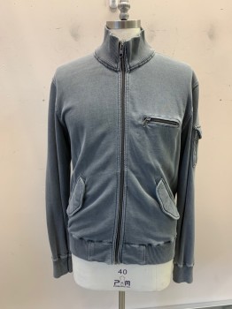Mens, Casual Jacket, H&M, Gray, Cotton, Solid, L, Stand Collar; Zip Front, 3 Pockets, 1 Zip Pocket At Left Sleeve