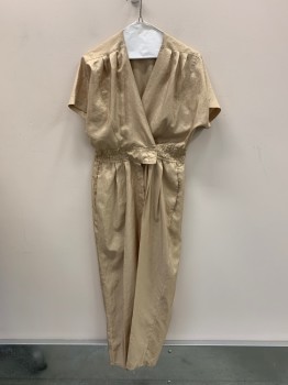 Womens, Jumpsuit, JOAN WALTERS, Beige, Polyester, Solid, 4, V-N, S/S, Pleated, Elastic Waistband, Velcro at Waistband, 2 Pockets, Zip Fly