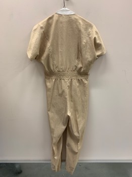 Womens, Jumpsuit, JOAN WALTERS, Beige, Polyester, Solid, 4, V-N, S/S, Pleated, Elastic Waistband, Velcro at Waistband, 2 Pockets, Zip Fly