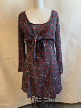 Womens, Dress, ESPRIT, Red, Multi-color, Polyester, Floral, Dots, W32, B36, H40, Scoop Neck, L/S, Ties at Bust, Side Zipper, Red Roses, White Dots, Black BG