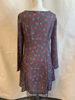 ESPRIT, Red, Multi-color, Polyester, Floral, Dots, Scoop Neck, L/S, Ties at Bust, Side Zipper, Red Roses, White Dots, Black BG