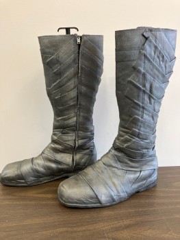 Mens, Sci-Fi/Fantasy Boots , MTO, Pewter Gray, Leather, Solid, Text, Sz.13, Knee High, Side Zip, Square Toe, Pleated Vamp, Sides And Backs, Unadorned Shin Area