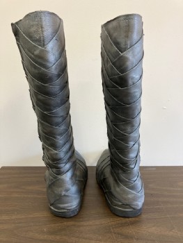 Mens, Sci-Fi/Fantasy Boots , MTO, Pewter Gray, Leather, Solid, Text, Sz.13, Knee High, Side Zip, Square Toe, Pleated Vamp, Sides And Backs, Unadorned Shin Area