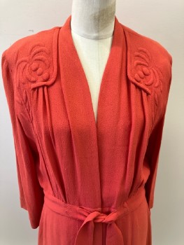 Womens, Dress, N/L, Burnt Orange, Wool, Solid, W30, B40, Shawl Collar, With Quilted Floral Detail,  Hook & Eye Closure with Wrap Tie At Skirt,  CF Pleats,