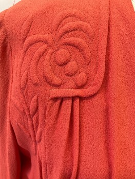 N/L, Burnt Orange, Wool, Solid, Shawl Collar, With Quilted Floral Detail,  Hook & Eye Closure with Wrap Tie At Skirt,  CF Pleats,