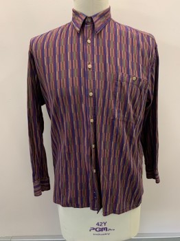 Mens, Casual Shirt, PIERRE CARDIN, Dk Purple, Multi-color, Cotton, Rectangles, 16/34, C.A., Button Front, L/S, 1 Pocket, Dark Olive, Red, Tan, And Purple Colors