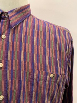 PIERRE CARDIN, Dk Purple, Multi-color, Cotton, Rectangles, C.A., Button Front, L/S, 1 Pocket, Dark Olive, Red, Tan, And Purple Colors