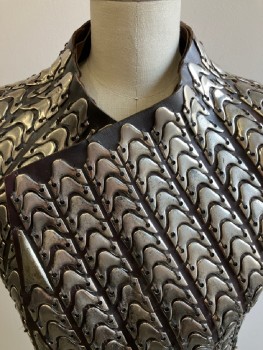 Mens, Sci-Fi/Fantasy Armour, N/L MTO, Faded Black, Silver, Leather, Metallic/Metal, 38, Black Leather Molded Chest Plate, with Curved Geometric Metal Bits in Vertical Stripes, Fold Over Front, Lace Up Closure in Back, Made To Order