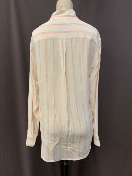 Womens, Blouse, EQUIPMENT, White, Melon Orange, Silk, Stripes, Geometric, XS, Collar Attached, Button Front, Long Sleeves, 2 Pockets, 2 Button Cuffs