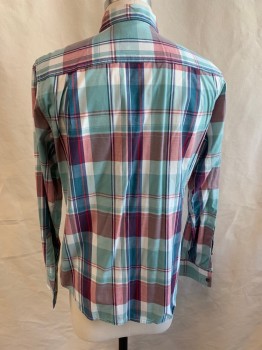LEE, Red, Sea Foam Green, Purple, Navy Blue, White, Cotton, Plaid, Collar Attached, Button Front, Long Sleeves, 2 Pockets