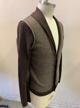 Mens, Cardigan Sweater, 55 BROOME, Brown, Cream, Cotton, Rayon, Basket Weave, Solid, L, Shawl Collar, Brown & Cream Basket Woven Front, Solid Brown Sleeves & Back