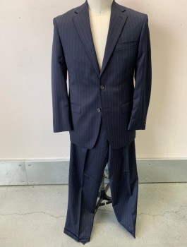 RALPH LAUREN, Navy Blue, Polyester, Viscose, Stripes - Pin, Notched Lapel, 2 Button Front, 3 Pocket, Back Vent in Center
