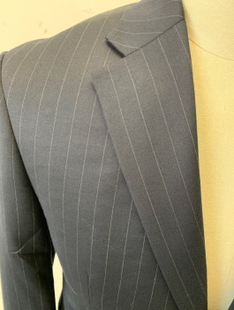 RALPH LAUREN, Navy Blue, Polyester, Viscose, Stripes - Pin, Notched Lapel, 2 Button Front, 3 Pocket, Back Vent in Center