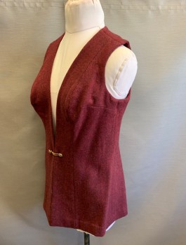 Womens, 1970s Vintage, Piece 1, N/L MTO, Dk Red, Dk Brown, Wool, Herringbone, B:38, Vest, Deep Plunging V-neck with Gold Buttons and Chain Closure at Waist, Hip Length, Black Lining, Made To Order