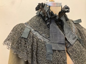 Womens, Cape 1890s-1910s, N/L, Tobacco Brown, Black, Wool, Silk, Color Blocking, O/S, Wool Short Cape **moth Holes, Elaborate Black Moire Silk Collar with A Double Row Of Seed Beads, Double Row Of Wide Lace, Ribbon Timmed Tulle Ruffle At Neck, Hook & Eye Front,