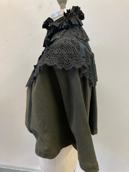 Womens, Cape 1890s-1910s, N/L, Tobacco Brown, Black, Wool, Silk, Color Blocking, O/S, Wool Short Cape **moth Holes, Elaborate Black Moire Silk Collar with A Double Row Of Seed Beads, Double Row Of Wide Lace, Ribbon Timmed Tulle Ruffle At Neck, Hook & Eye Front,