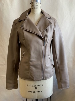 Womens, Leather Jacket, Ana, Putty/Khaki Gray, Polyester, Solid, S, L/S, Collar Attached, Zip Front, Side Pockets, Side Buckles, Zippers On Sleeves