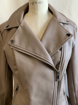 Ana, Putty/Khaki Gray, Polyester, Solid, L/S, Collar Attached, Zip Front, Side Pockets, Side Buckles, Zippers On Sleeves