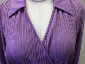 N/L, Lavender Purple, Polyester, Solid, Long Sleeves, Elastic Waist, Surplice V-neck, Collar Attached, Pleated Texture