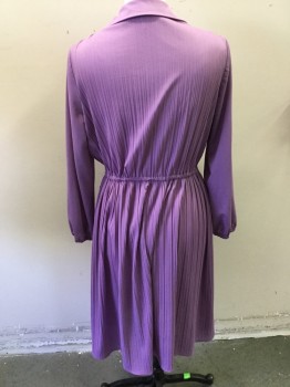 N/L, Lavender Purple, Polyester, Solid, Long Sleeves, Elastic Waist, Surplice V-neck, Collar Attached, Pleated Texture
