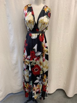 NL, Black, Red, White, Yellow, Lt Green, Polyester, Floral, Deep V Neck, Sleeveless, Straps Gathered at Shoulders, Black Pleather Waist Band, Open Back, Button Back, Maxi