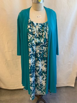 Womens, Dress, Long & 3/4 Sleeve, CATHERINE'S, Teal Green, Teal Blue, White, Lt Beige, Polyester, Spandex, Leaves/Vines , Abstract , 4X, 3/4 Sleeves Robe Attached to Sleeveless Dress, Scoop Neck, Gathered Bust, Abstract Leave Pattern on Dress