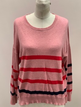 Womens, Pullover, SUNDRY, Faded Red, Red, Black, Wool, Polyester, Stripes, 2, Scoop Neck, L/S, Drop Shoulder, Side Slits