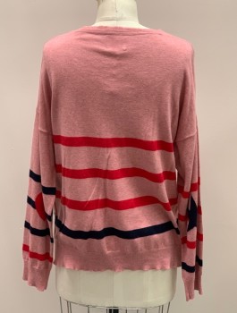 Womens, Pullover, SUNDRY, Faded Red, Red, Black, Wool, Polyester, Stripes, 2, Scoop Neck, L/S, Drop Shoulder, Side Slits