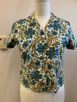Womens, Top, N/L, B:40, White Cotton with Teal/Brown/Olive Paisley Like Floral, B.F., Collar Pressed Open, S/S,
