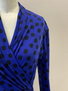 VINCE CAMUTO, Blue, Black, Polyester, Spandex, Polka Dots, L/S, Pleated, Crossover, V Neck, Shawl Collar,