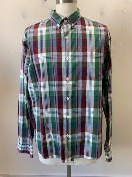 J CREW, Green, Red Burgundy, Blue, White, Cotton, Plaid, L/S, Button Front, Collar Attached, Chest Pocket