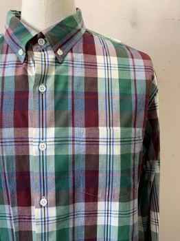 J CREW, Green, Red Burgundy, Blue, White, Cotton, Plaid, L/S, Button Front, Collar Attached, Chest Pocket