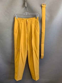 CASA BLANCA, Mustard Yellow, Cotton, Polyester, Solid, Pleated, Slant Pockets, Zip Front, Belt Loops, With Matching Waist Belt