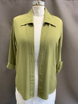 Womens, Casual Jacket, EMARK, Pea Green, Polyester, Viscose, XL, C.A., Open Front, L/S, Padded Shoulders, Cuffed, Floral Embroidery & Rhinestones On Collar/Placket/Cuffs, Split Hem