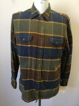 WALLACE & BARNES, Sage Green, Navy Blue, Mustard Yellow, Brown, Cotton, Plaid, Button Front, Collar Attached, Long Sleeves, 2 Flap Pocket, Fuzzy Flanel
