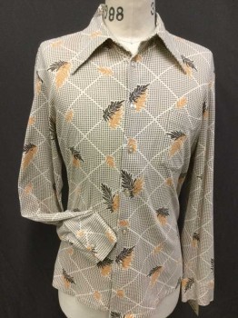 Mens, Casual Shirt, MC GREGOR, Cream, Lt Brown, Goldenrod Yellow, Dk Brown, Polyester, Diamonds, Floral, 34, 16, Dots Diamond and Dark Brown & Goldenrod Leaves Print, Collar Attached, Button Front, 1 Pocket, Long Sleeves,