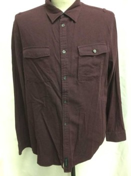 CALVIN KLEIN JEANS, Red Burgundy, Cotton, Solid, Flannel, Long Sleeve Button Front, Collar Attached, Button Down Collar, 2 Flap Pockets with Button Closures