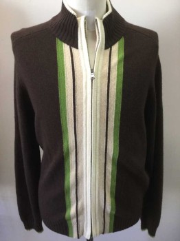 Mens, Cardigan Sweater, BOSS, Dk Brown, Ivory White, Beige, Lime Green, Wool, Color Blocking, L, Zipper Front, Long Sleeves, Mock Turtle Neck,