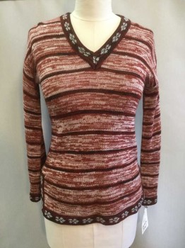 Womens, Sweater, A QUALITY PRODUCT, Cranberry Red, Gray, Black, Acrylic, Stripes, L, V-neck, Long Sleeves, Slit Side Hems