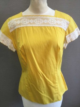 N/L, Yellow, White, Cotton, Solid, Yellow with White Lace Trim, Short Sleeve,  Square Neck Center Back Zipper,