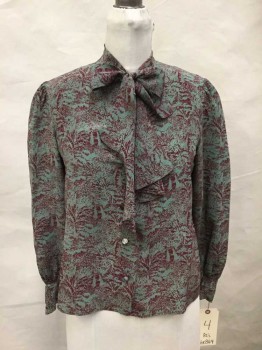 NO LABEL, Red Burgundy, Sage Green, Silk, Novelty Pattern, Long Sleeves, Tie Collar, Neck Ruffle, Button Front, "HM" Pearlized Buttons, Snaps At Neck, Gathering At Shoulders