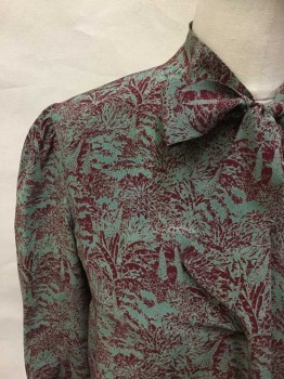 NO LABEL, Red Burgundy, Sage Green, Silk, Novelty Pattern, Long Sleeves, Tie Collar, Neck Ruffle, Button Front, "HM" Pearlized Buttons, Snaps At Neck, Gathering At Shoulders