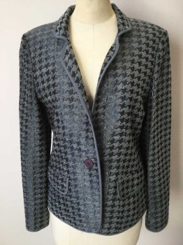 Womens, Blazer, LINDA ALLARD E TRACY, Slate Blue, Steel Blue, Acetate, Acrylic, Houndstooth, B36, Houndstooth Brocade with Chenille and Shiny, Single Breasted, 1 Button, Edge Binding on Pockets, Collar & Lapel