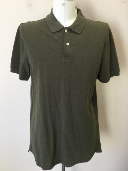 ST JOHN'S BAY, Olive Green, Cotton, Polyester, Heathered, Collar Attached, 2 Button Front, Short Sleeves,