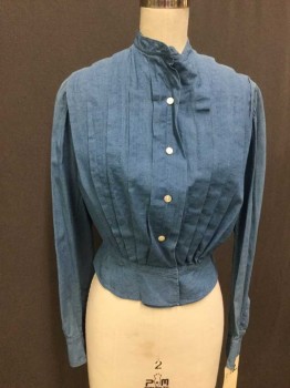MTO, Blue, Cotton, Solid, Button Front, Collar Band, Pleated Front, Long Sleeves,