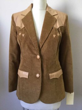 Womens, Blazer, MS PIONEER, Tan Brown, Cotton, Faux Leather, Solid, B:32, Single Breasted, Western Yoke/ Buttons/ Pocket Flaps and 1/2 Notched Lapel, 2 Buttons,