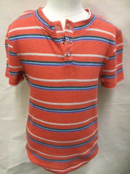 OUT FROM UNDER, Coral Orange, Lt Blue, Dk Green, White, Polyester, Rayon, Stripes - Horizontal , Short Sleeves, 3 Snaps, Knit,